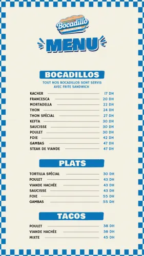 Menu de Bocadillo Factory à Marrakech