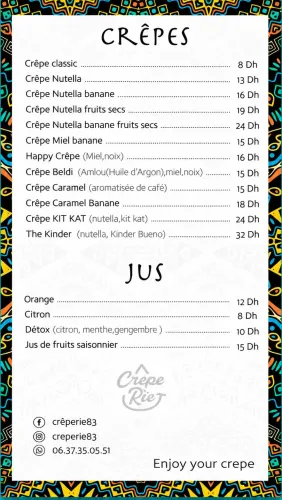 Menu de Crêpe Rïe 83 à Benguerir
