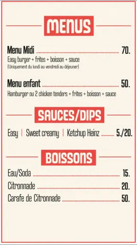 Menu de Easy Burger à Casablanca