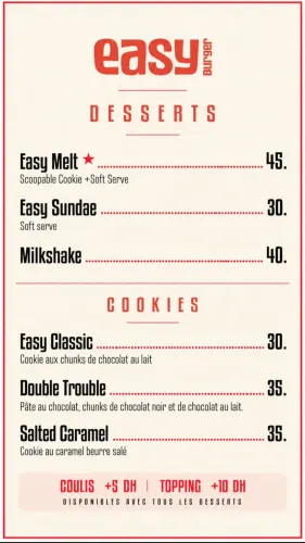 Menu de Easy Burger à Casablanca