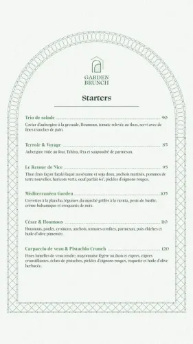 Menu de Garden Brunch à Casablanca