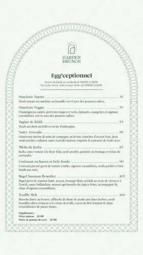 Menu de Garden Brunch à Casablanca
