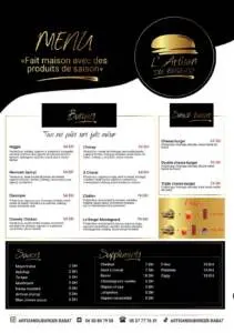 Menu L'Artisan du burger Rabat March 2024 302309-350500