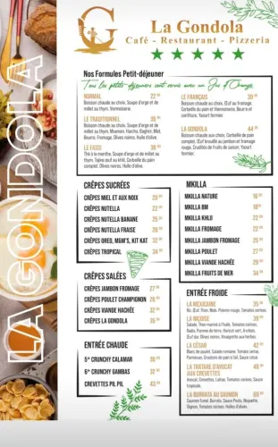 Menu de La Gondola à Benguerir