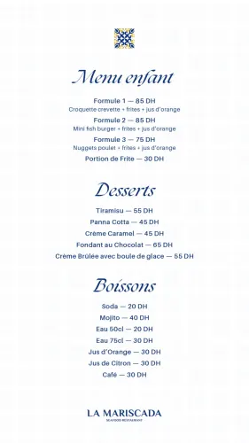 Menu de La Mariscada à Casablanca