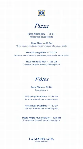 Menu de La Mariscada à Casablanca