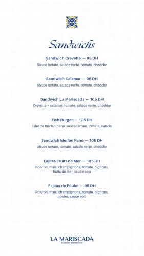 Menu de La Mariscada à Casablanca