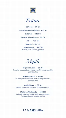 Menu de La Mariscada à Casablanca