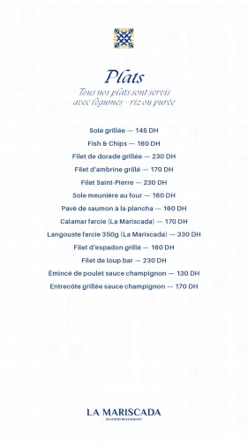 Menu de La Mariscada à Casablanca