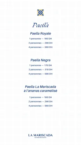 Menu de La Mariscada à Casablanca