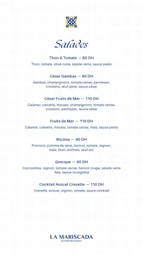 Menu de La Mariscada à Casablanca