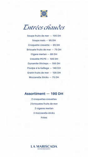 Menu de La Mariscada à Casablanca