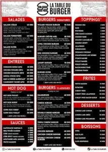 menu la table du burger restaurant a casablanca