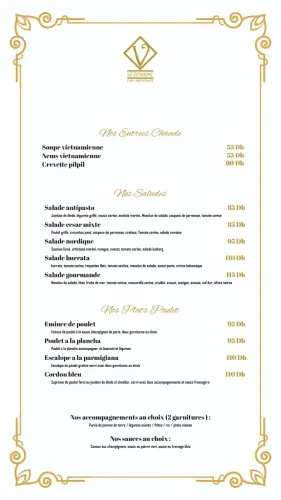 Menu de le vendome à Casablanca