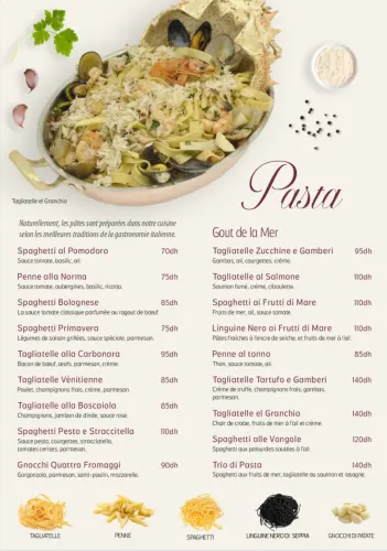 Menu de Pasta d'Oro à Casablanca