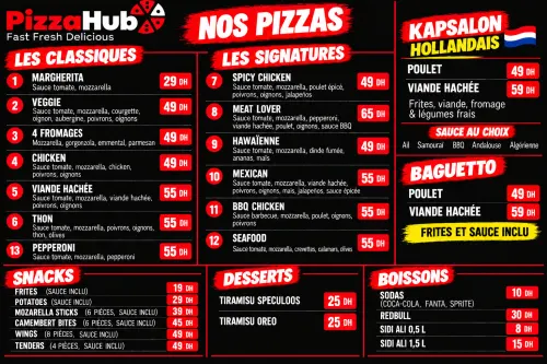 Menu de PizzaHub à Marrakech