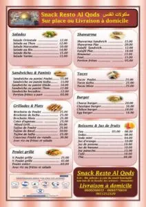 Snack resto Al Qods menu restaurant marrakech