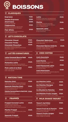 Menu de Sweetspot à Casablanca