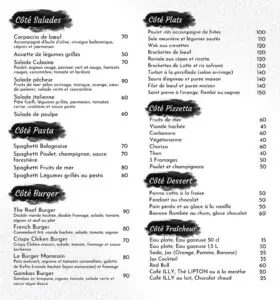 The roof bar menu
