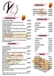 Menu YL fast Food restaurant