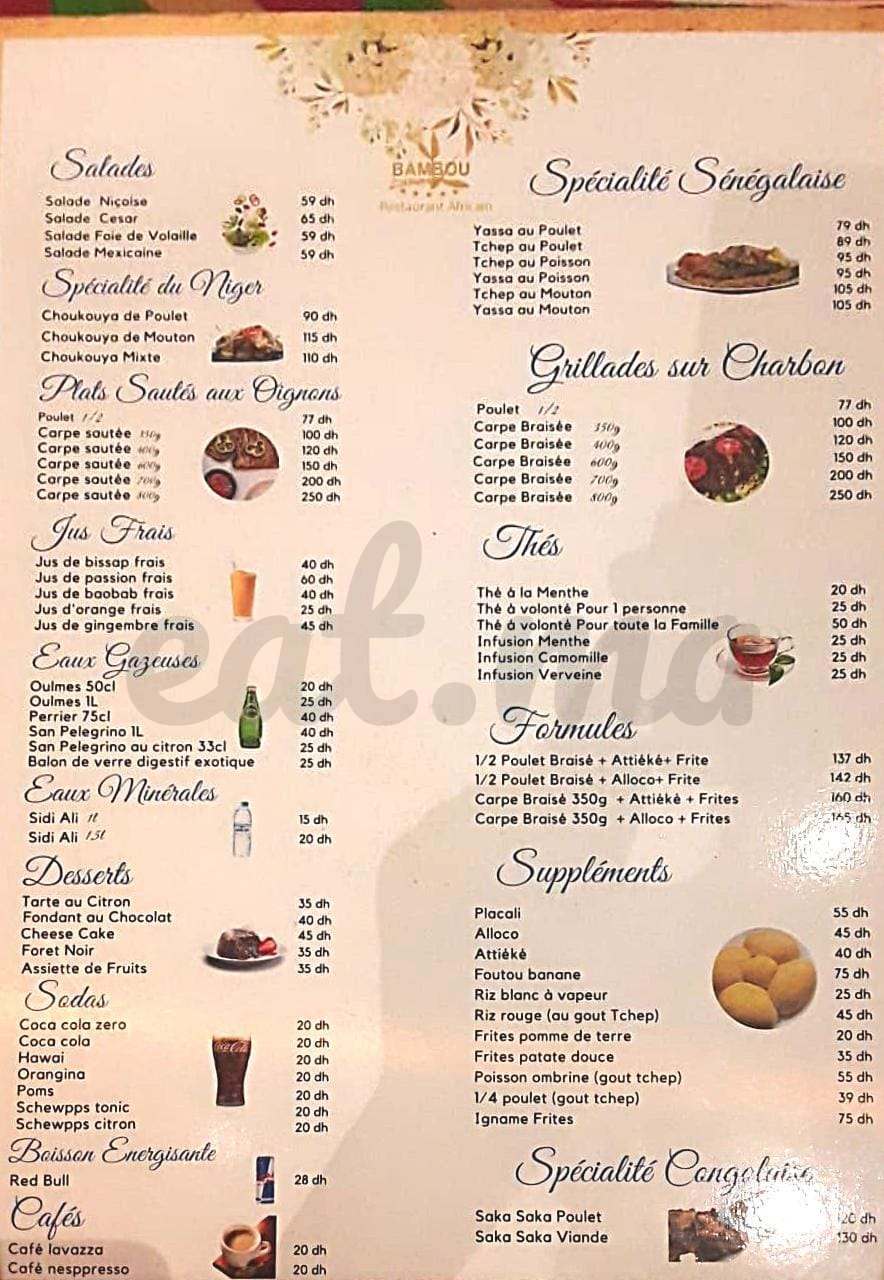MENU Bambou d'Afrique Casablanca 2024 Les meilleurs Restaurants à