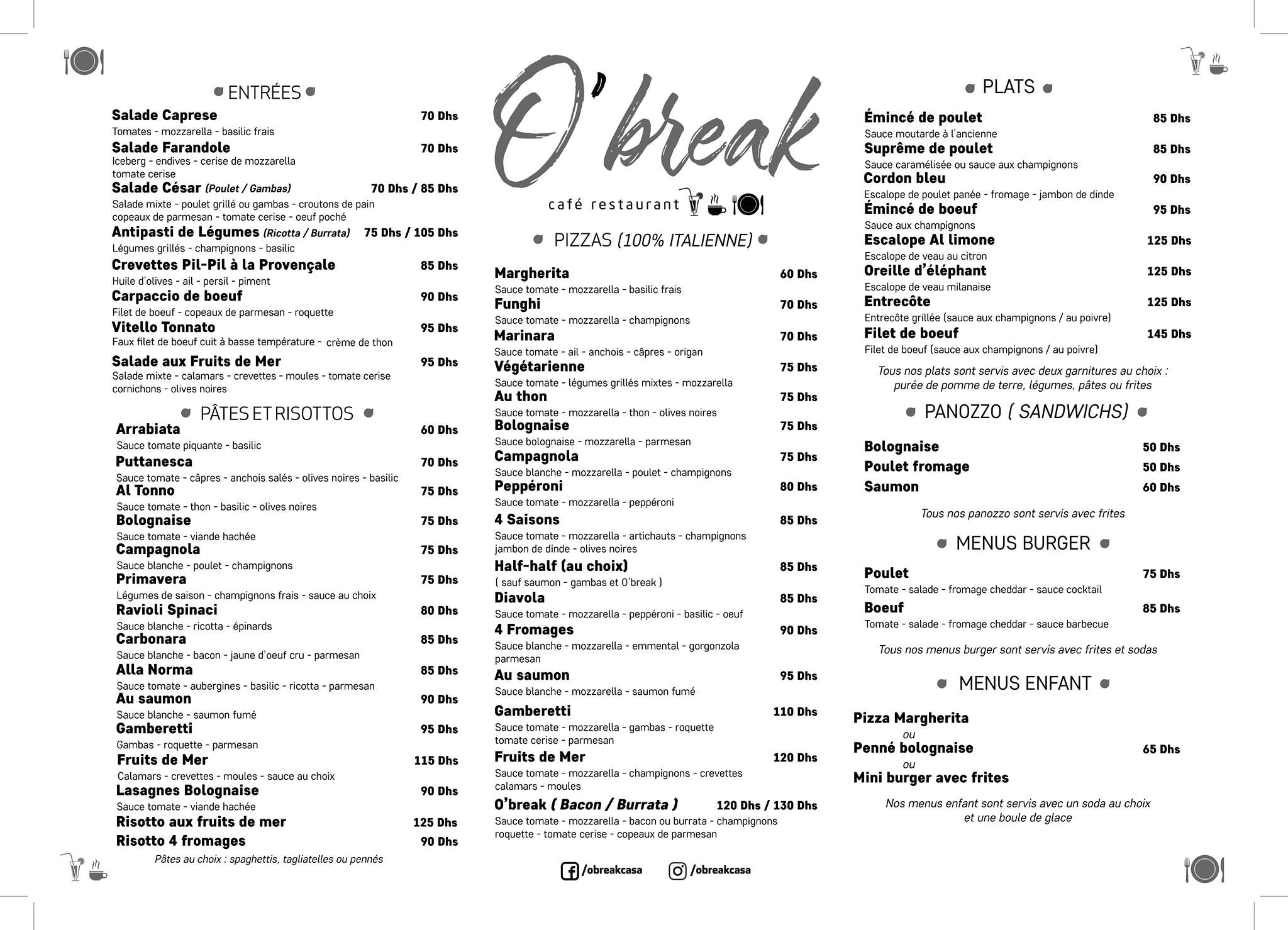 MENU O'Break Casablanca 2024 Les meilleurs Restaurants à Casablanca
