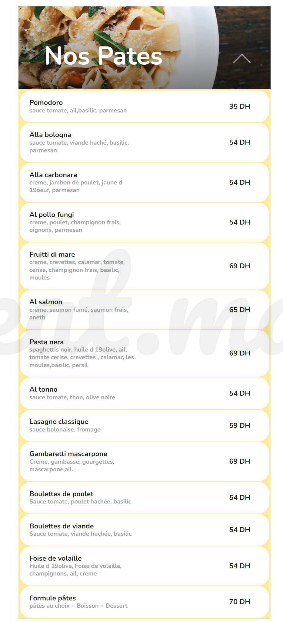 MENU Pasta Pino Casablanca 2024 Les meilleurs Restaurants à