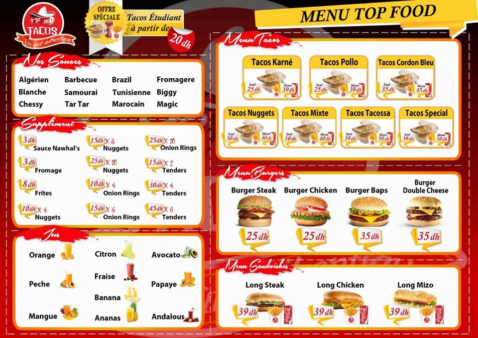 MENU Tacos Top Food El Jadida 2024 Les meilleurs Restaurants à El