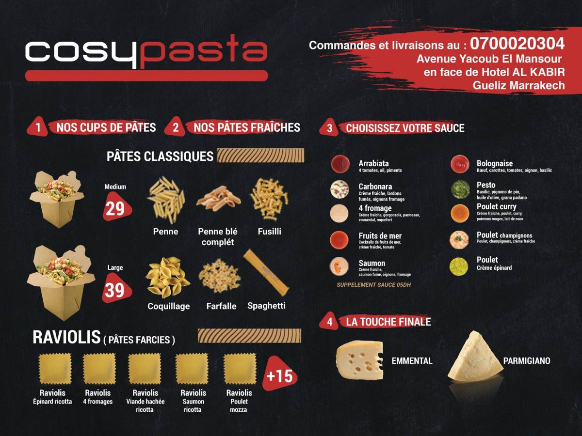 MENU Cosy Pasta Marrakech 2024 Les meilleurs Restaurants à Marrakech EAT.MA