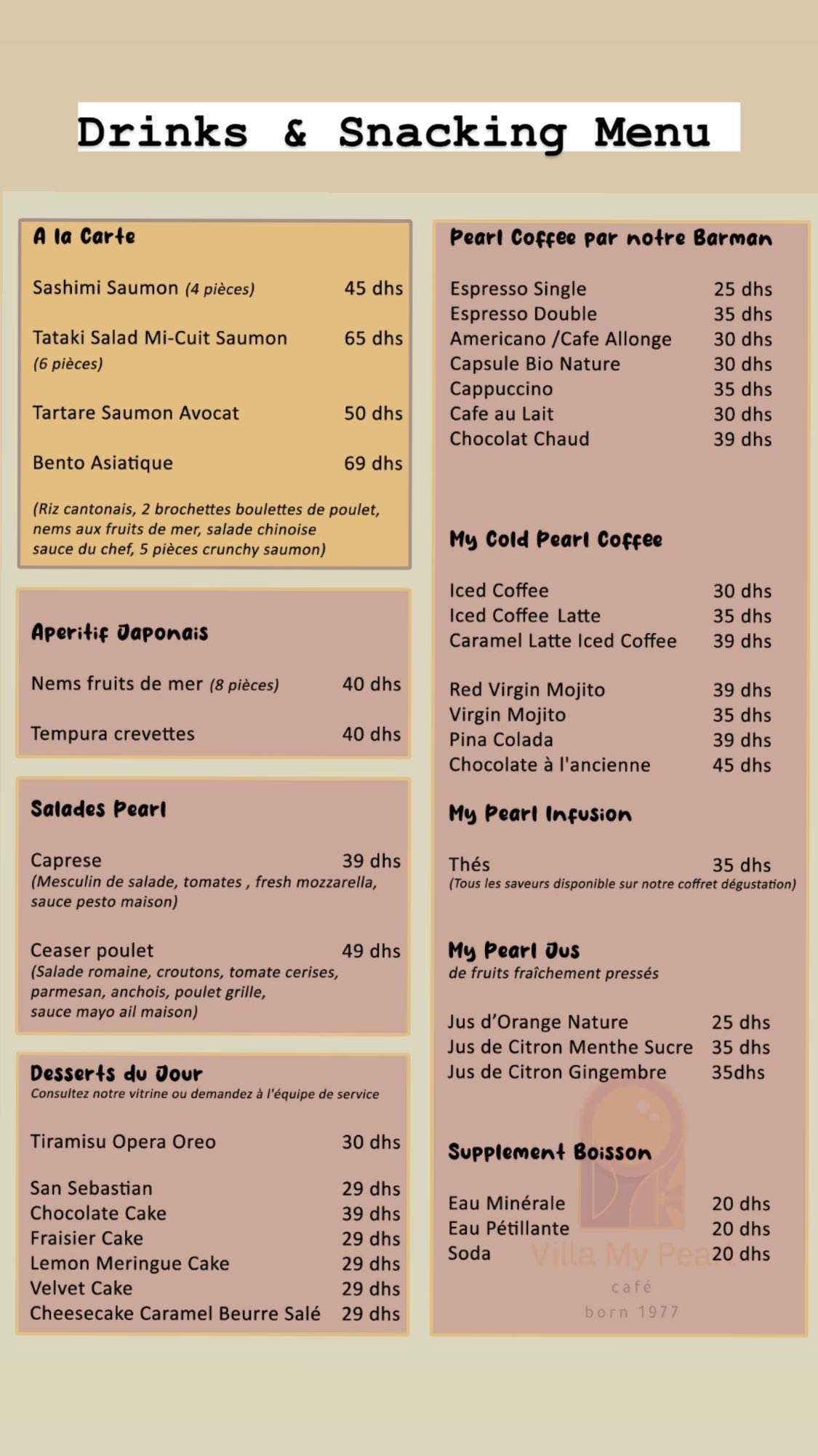 MENU Villa My Pearl Café Rabat 2024 Les meilleurs Restaurants à Rabat